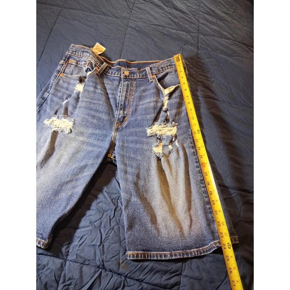 Levis 502 Regular Taper Distressed Denim Shorts Mens 34 Blue Medium‎ Wash Fray